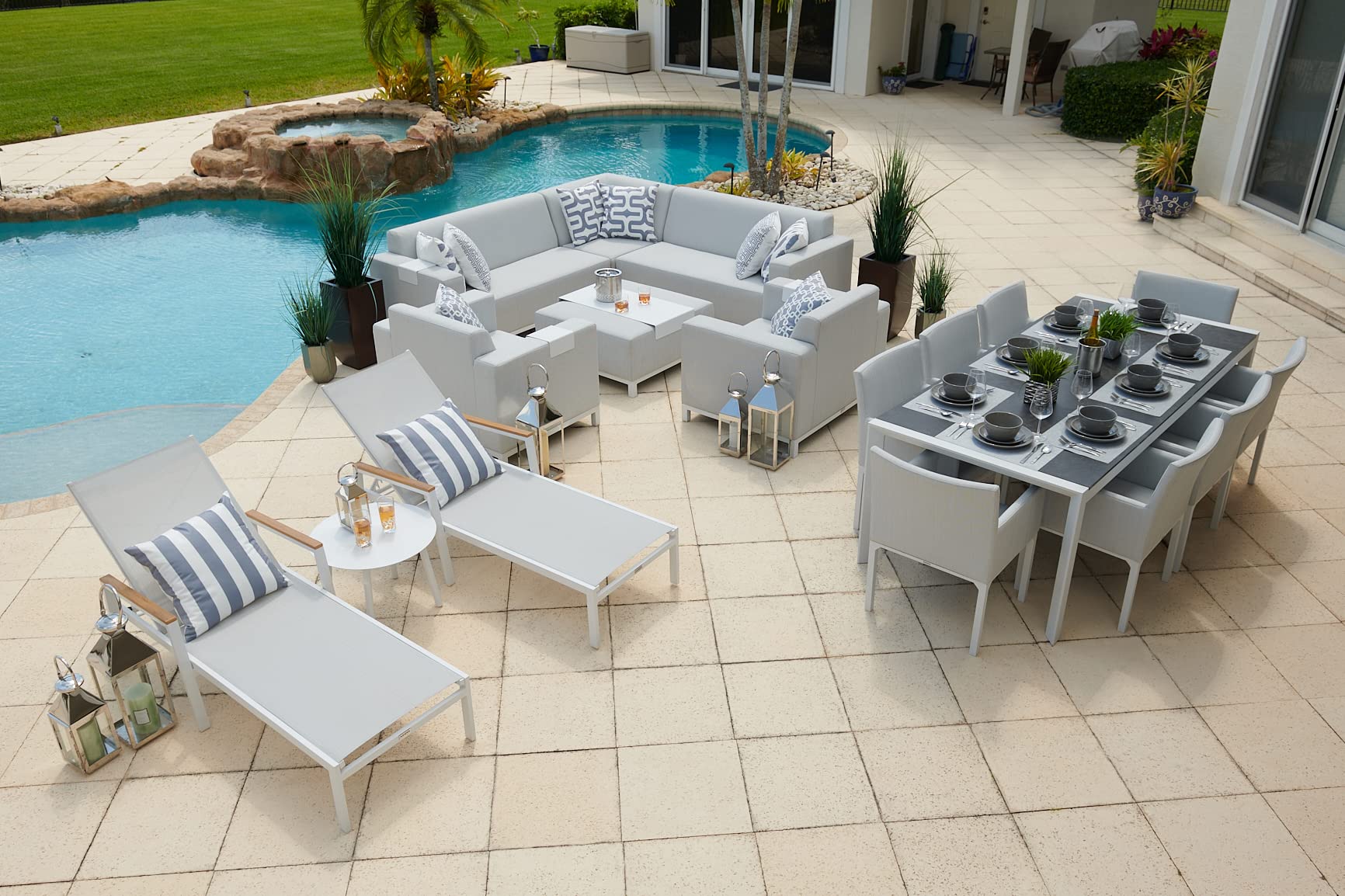 18-Piece Aluminum Outdoor Patio Furniture Set in Light Gray - Sectional Sofa, 8-Seat Dining Table & Chaise Lounge | Durable Weather-Resistant Patio Set for Backyard, Poolside & Garden Relaxation
