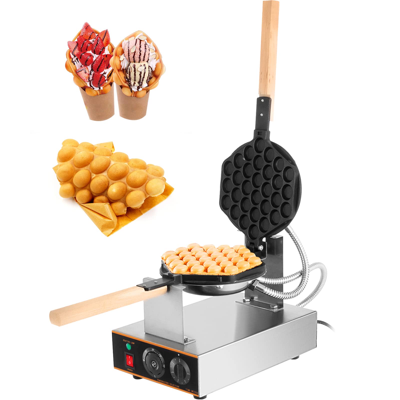VEVOR Commercial Bubble Waffle Maker 1400W - Rotatable 2 Non-Stick Pans with Wooden Handles - Adjustable Temperature 50-250°C/122-482°F - Stainless Steel Egg Puff Iron for Bubble Waffles, Egg Puffs, and Hong Kong Style Waffles - Perfect for Cafes, Bubble Tea Shops, and Home Breakfast
