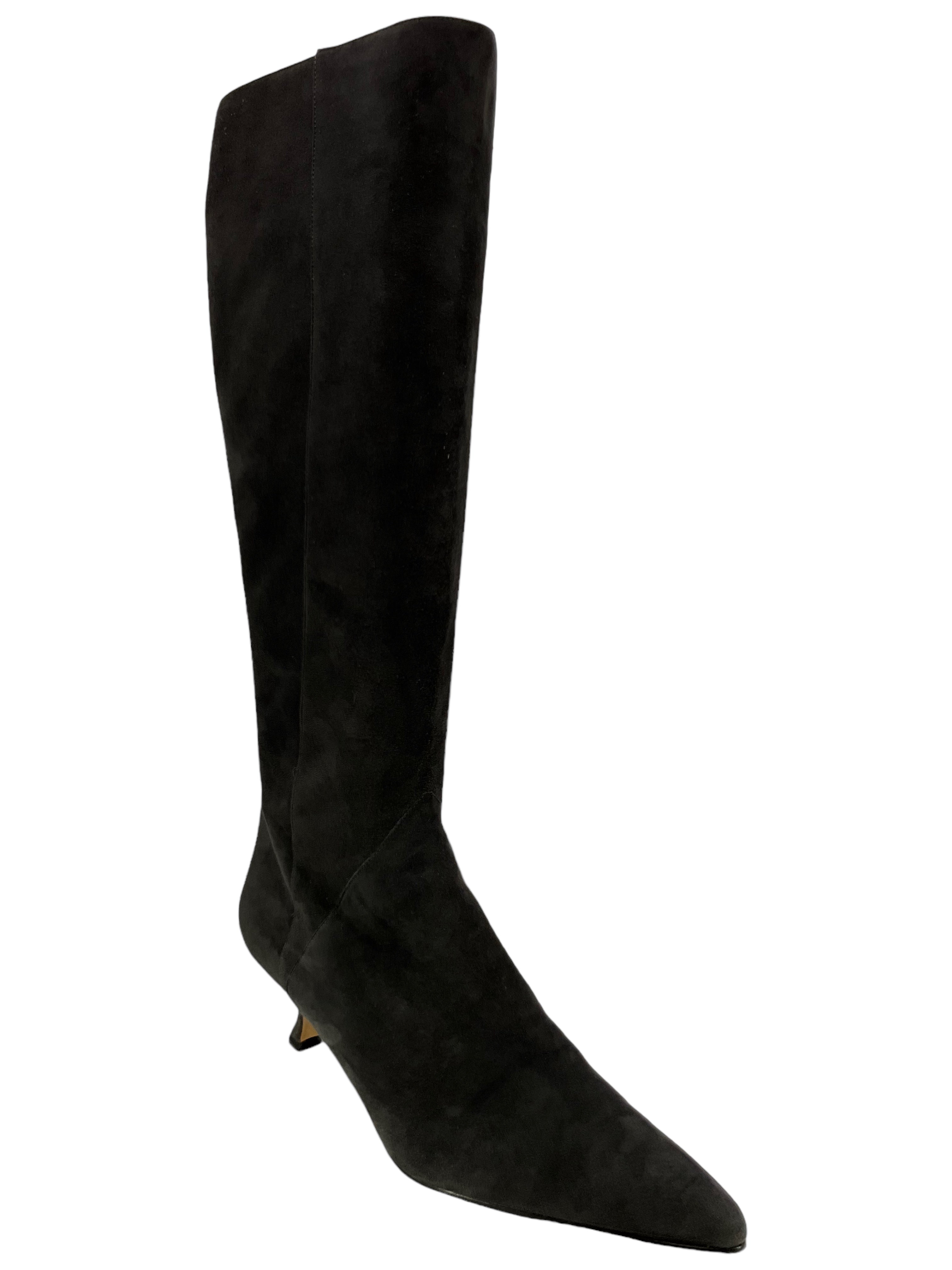 Manolo Blahnik Gray Suede Knee High Pointed Boots for Women Size 11 | Elegant Stiletto Heel Dress Boots for Office, Party & Evening Wear