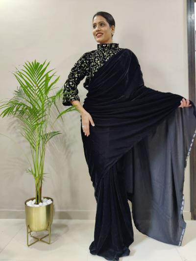 Elegant Black Velvet Stitched Saree with Sequins Blouse Set | Indian Traditional Party Wear | Perfect for Weddings, Festivals & Special Occasions
