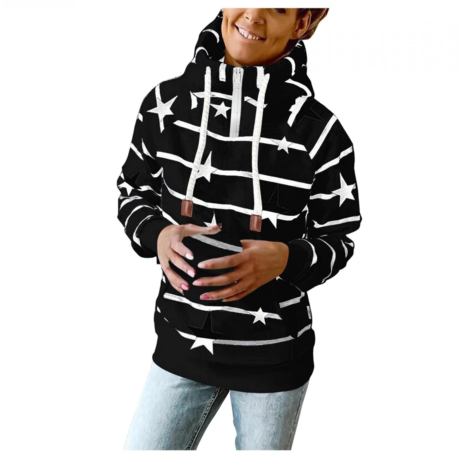ONHUON Women's Striped Color Block Quarter Zip Hooded Sweatshirt - High Neck Pullover Long Sleeve Hoodie for Casual Wear, Workout & Outdoor Activities