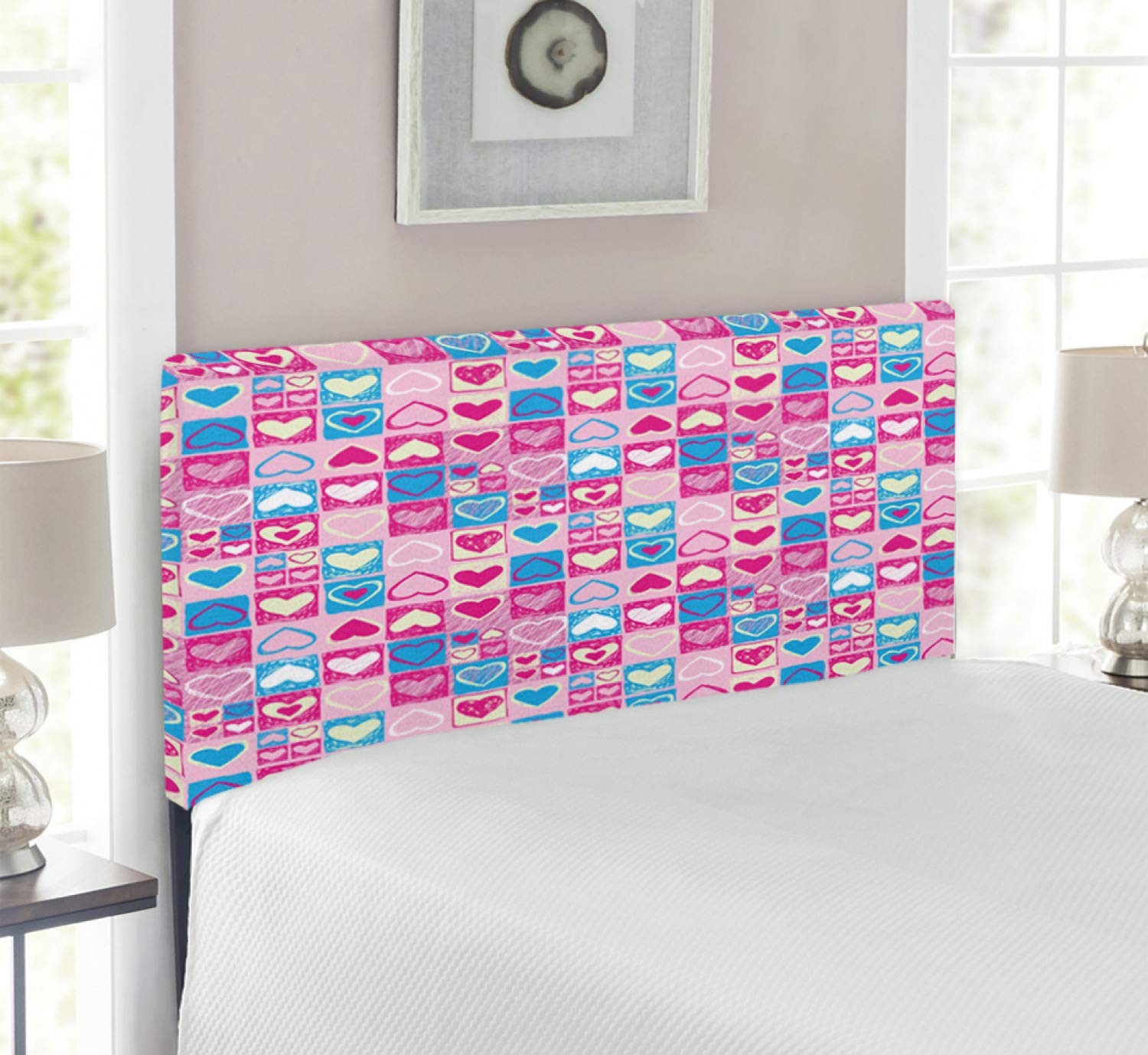 Ambesonne Love Headboard - Romantic Doodle Heart Design Upholstered Metal Bed Frame with Memory Foam | Twin Size Pink Blue Cream | Perfect for Girls' Bedroom, Dorm Decor & Romantic Home Styling