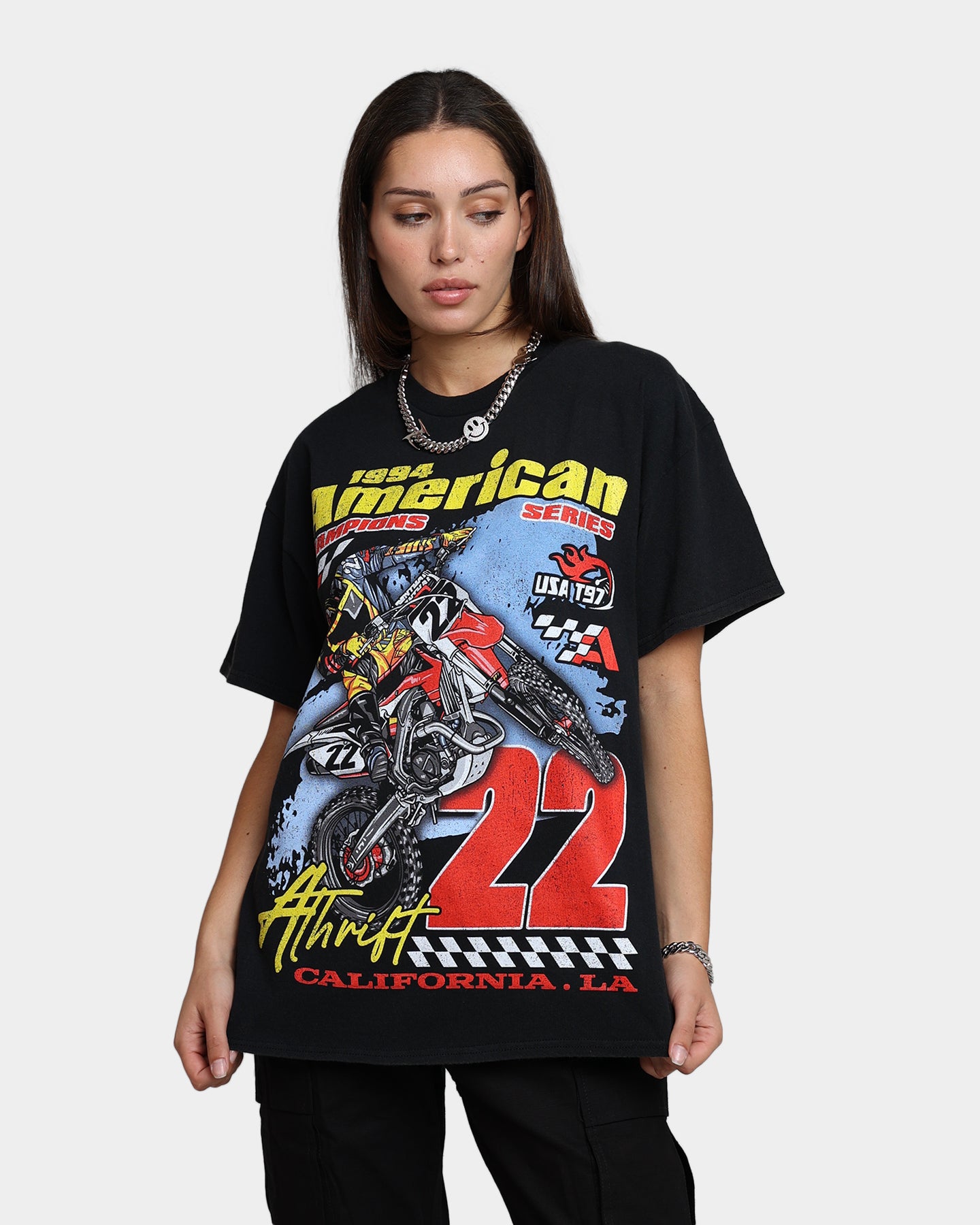 Vintage American Thrift Dirt Bike Graphic T-Shirt - Off Black | Motorcycle Enthusiast Apparel for Riding & Casual Wear