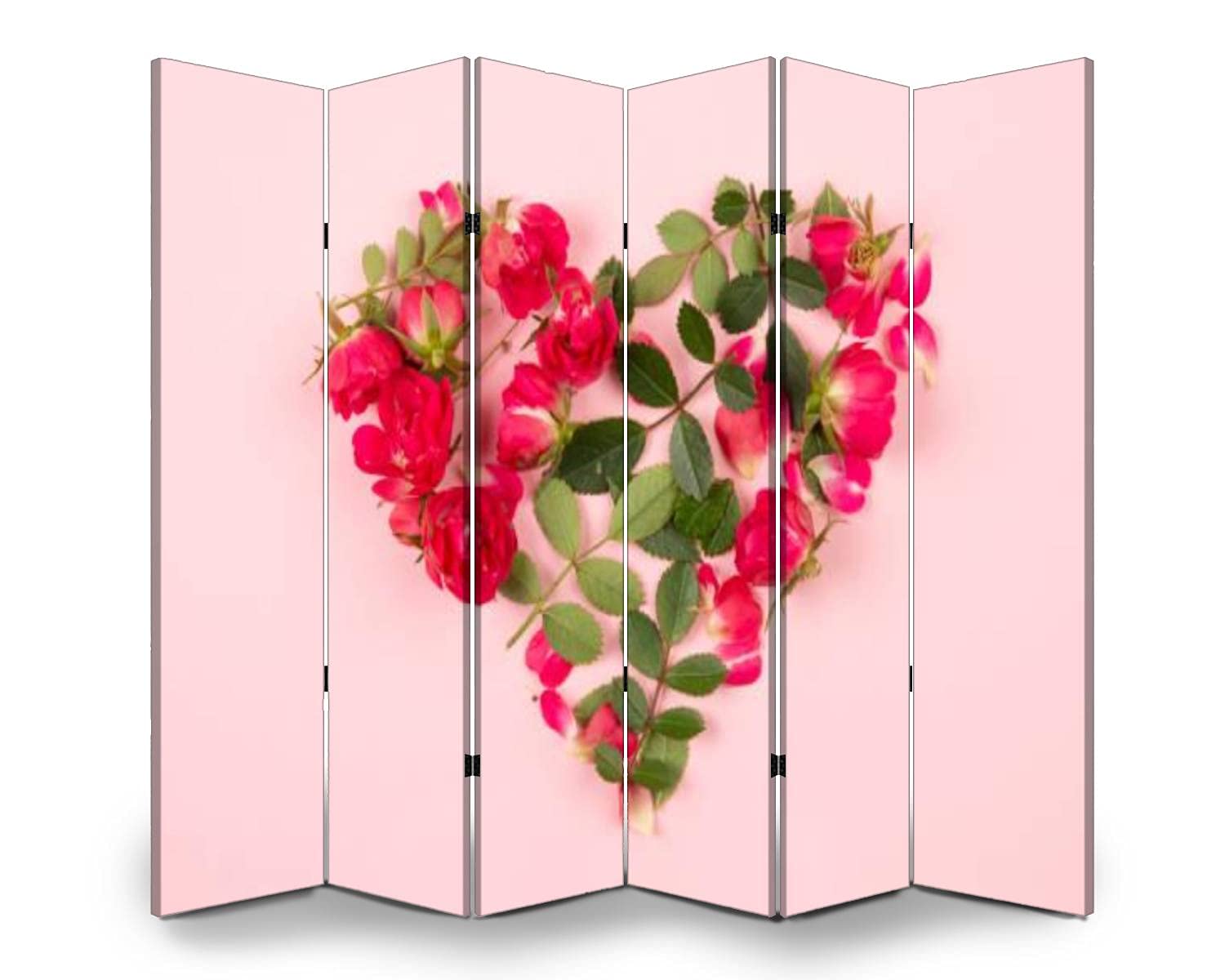 6 Panel Folding Room Divider Screen - Decorative Floral Heart with Roses & Leaves on Pink Background | Freestanding Privacy Partition for Bedroom, Office, Nursery | Indoor & Outdoor Use (60