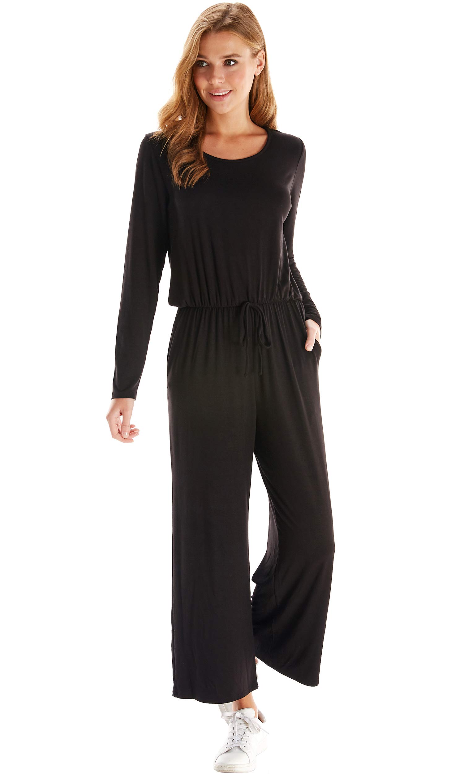Stylish Women's Long Sleeve Jumpsuit with Pockets - Stretchy Comfortable Romper for Casual Outings, Work & Travel - Plus Size Friendly Jumper