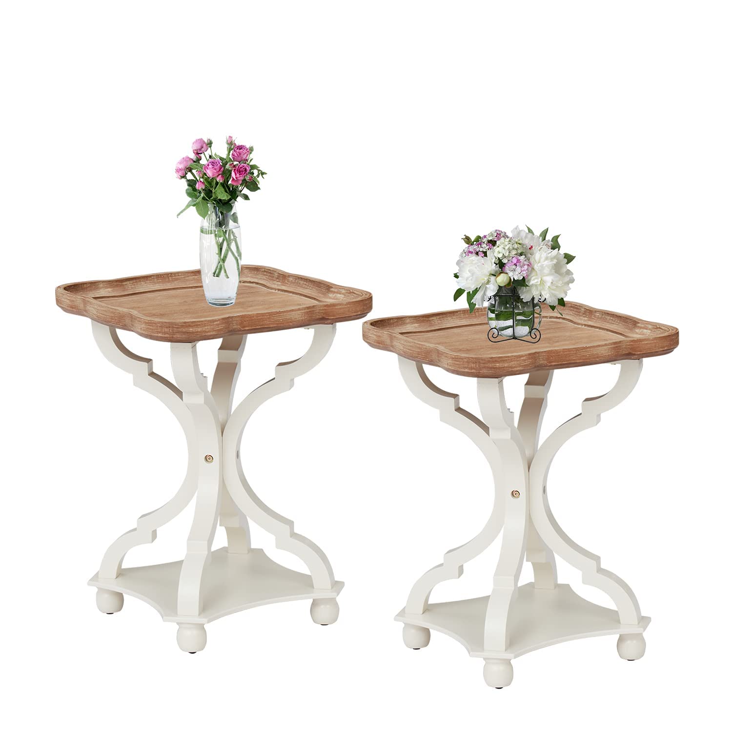 Kinbor Set of 2 White Rustic End Tables - Handcrafted Modern Side Tables, French Country Nightstands for Bedroom & Living Room | Accent Tables for Small Spaces, Perfect for Coffee Table, Sofa Side or Bedside Use
