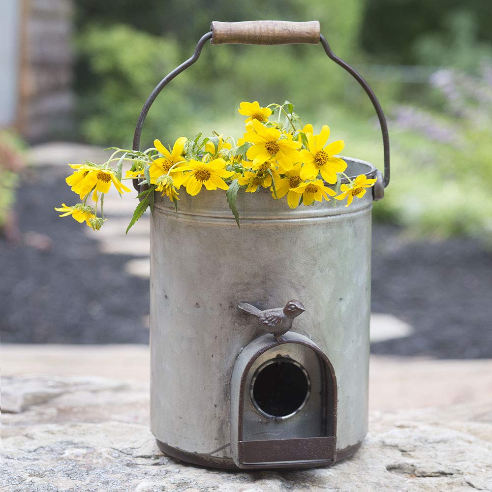 CTW Home Collection Bucket Birdhouse Planter - Decorative Outdoor Garden Decor for Birds & Plants | Perfect for Patio, Yard & Backyard Decorations