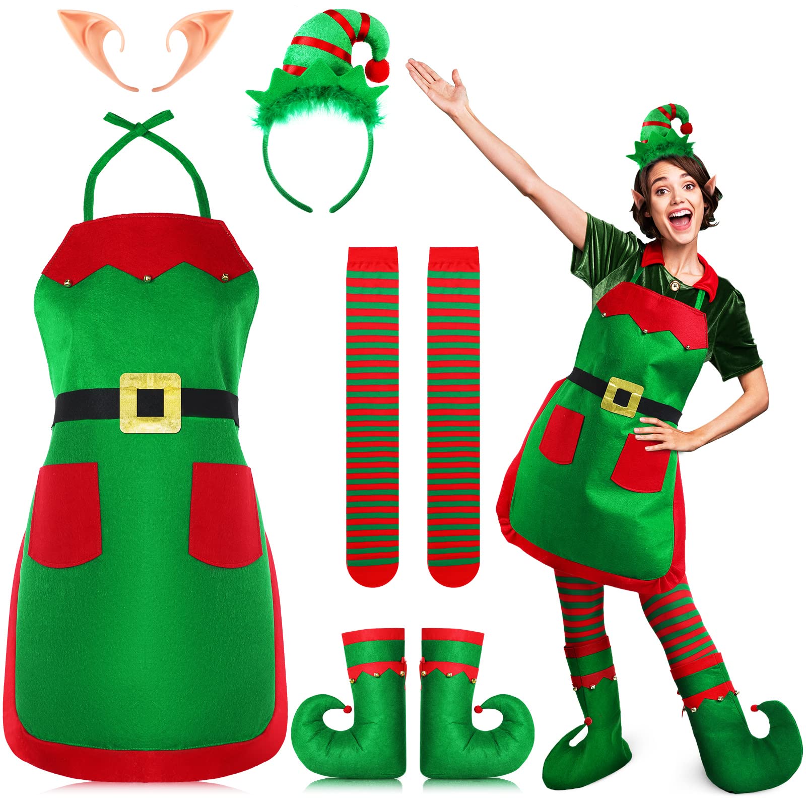 Women's Christmas Elf Costume Set - Santa Hat, Shoes, Socks & Ears Accessories | Festive Holiday Party Outfit for Xmas, Cosplay & Themed Events