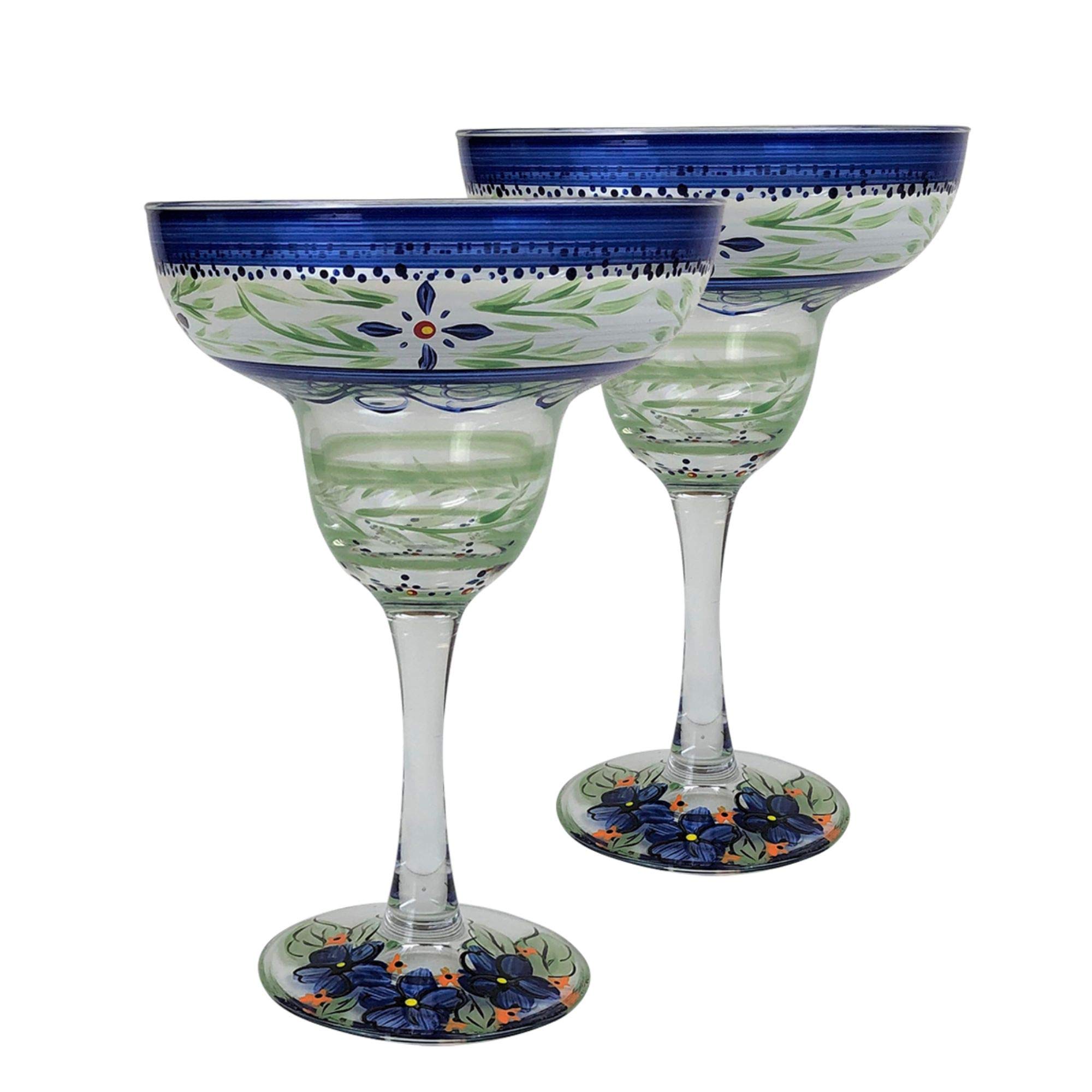 Set of 2 Hand-Painted Green Floral Margarita Glasses - 12 oz Stemware for Cocktails, Parties & Home Bar Decor