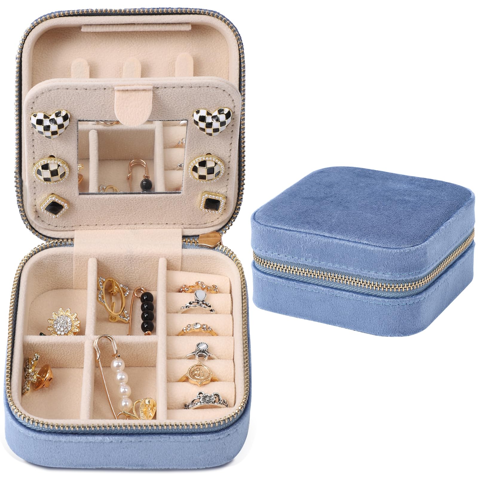 Dajasan Velvet Travel Jewelry Box for Women - 3-Layer Mini Portable Jewelry Organizer with Mirror, Compact Jewelry Case for Necklaces, Rings & Earrings - Perfect for Vacation, Business Trips & Gift Giving (Blue)