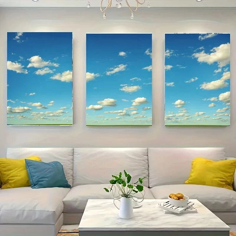 3-Piece Bright Blue Sky with White Clouds Metal Wall Art - Ready to Hang Modern Home Decor for Living Room, Bedroom & Office