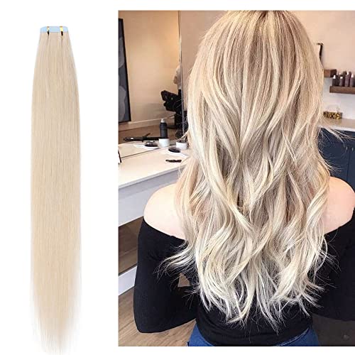 40pcs 100g Tape in Hair Extensions - 100% Remy Human Hair, Balayage White Blonde, Seamless Straight Double Sided Tape - 20 Inch #70 - Perfect for Parties, Weddings & Everyday Styling