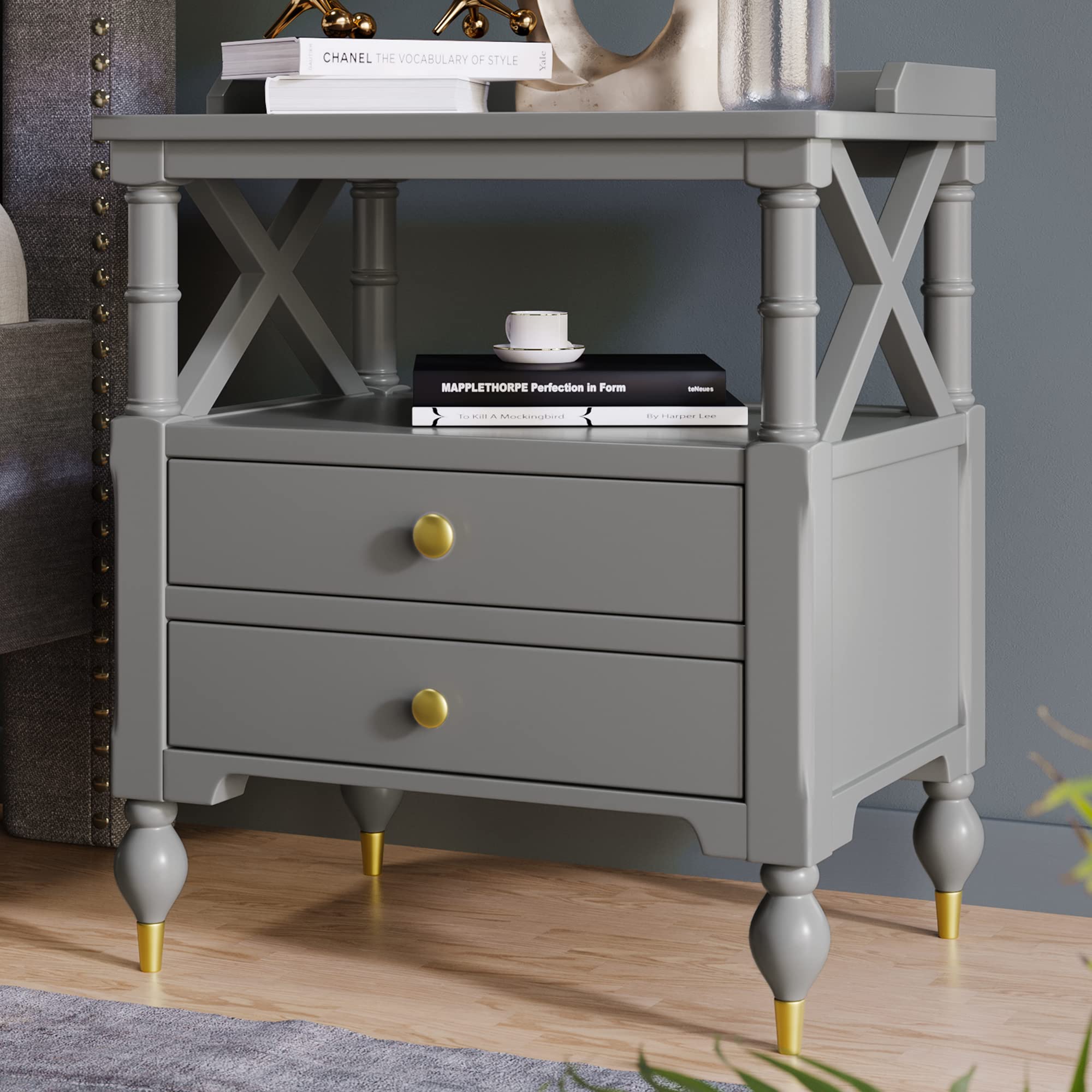 Modern Wood Nightstand with 2 Drawers - Wooden Bedside Table with Fenced Desktop & Open Shelf - Small Space Sofa Side Table - Gray End Table for Bedroom & Living Room - Perfect for Apartment, Dorm, or Guest Room
