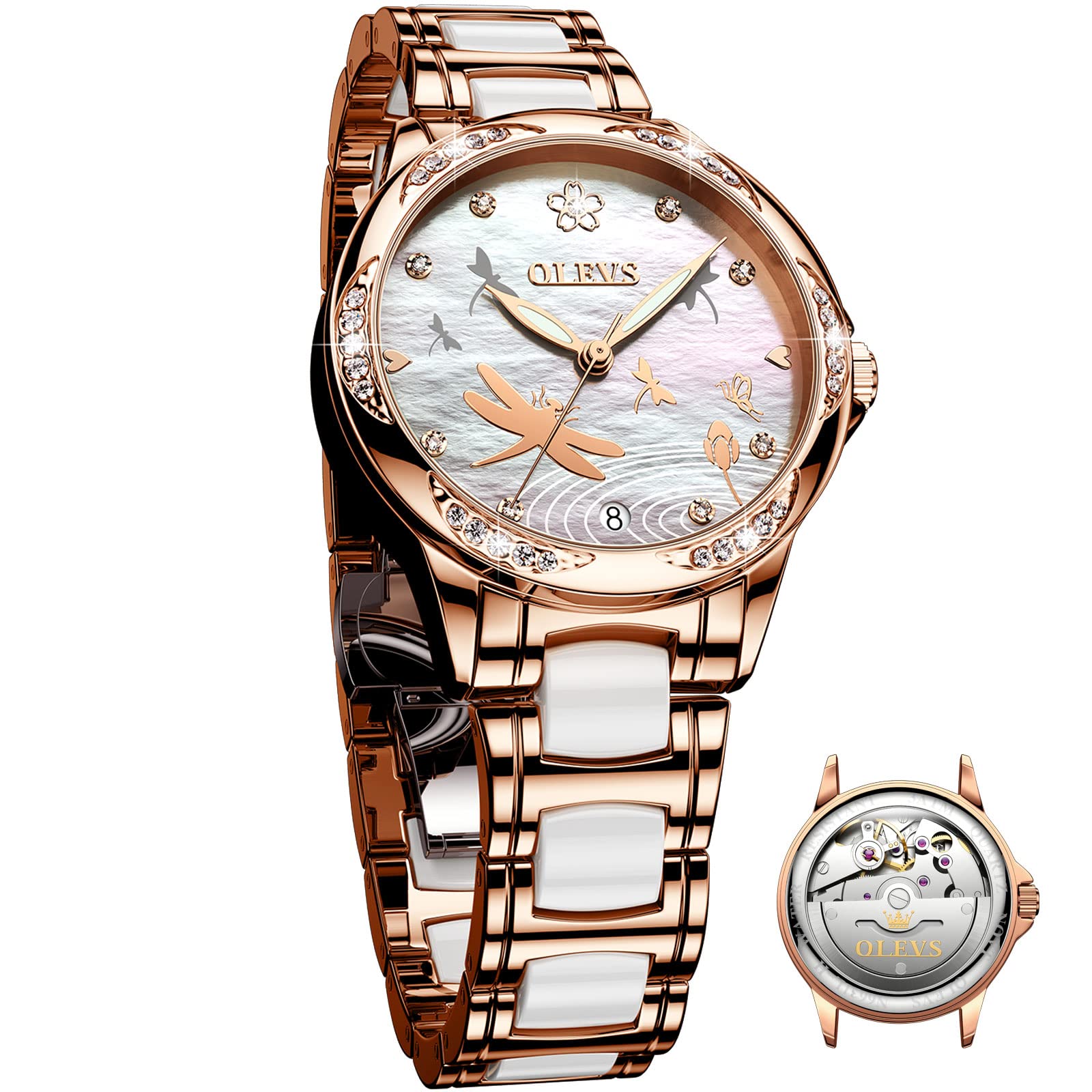 OLEVS Women's Automatic Watch - Elegant Self-Winding Diamond Watch with Large Face, Waterproof, Two-Tone Stainless Steel & Ceramic Band | Perfect for Business, Formal Events & Everyday Luxury