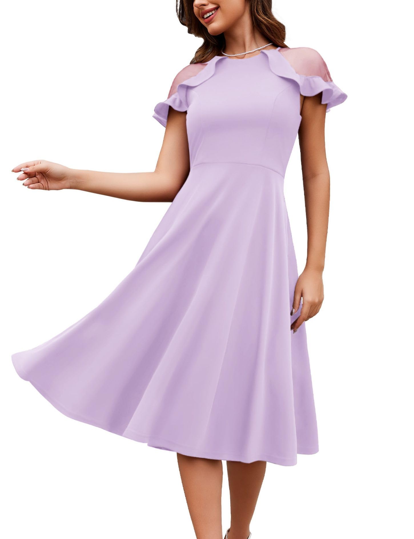 MUADRESS Women's Mesh Ruffle Short Sleeve Crewneck Formal Dress - Knee Length A-Line Party Midi Dress with Pockets for Wedding Guest, Cocktail Party, and Special Occasions