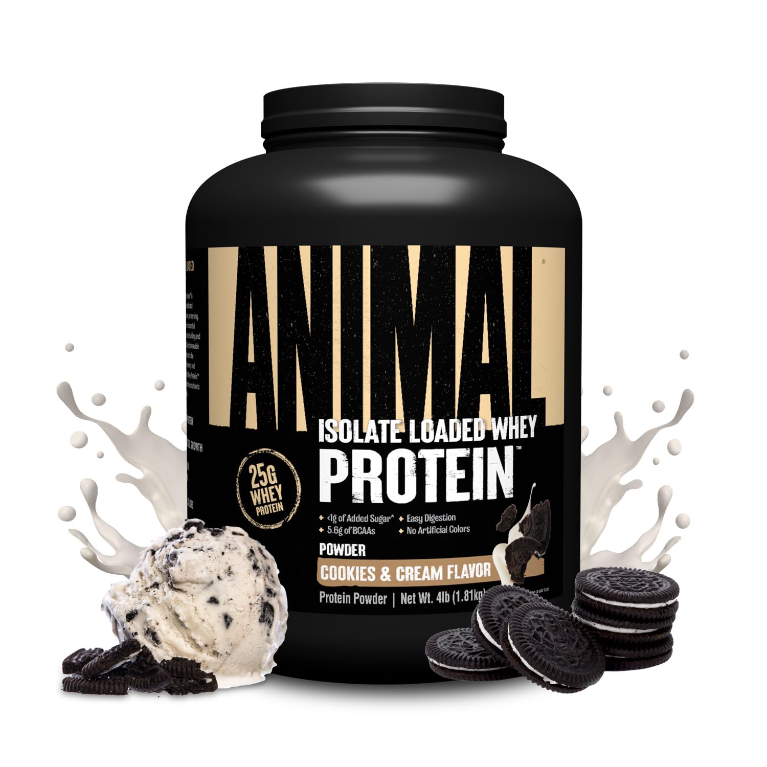 Animal Whey Isolate Protein Powder - 25g Protein for Muscle Building & Recovery, Low Sugar, Great Taste (Cookies & Cream, 4 lbs) - Pre & Post Workout Supplement with Digestive Enzymes for Men & Women - Ideal for Gym, Fitness & Active Lifestyle