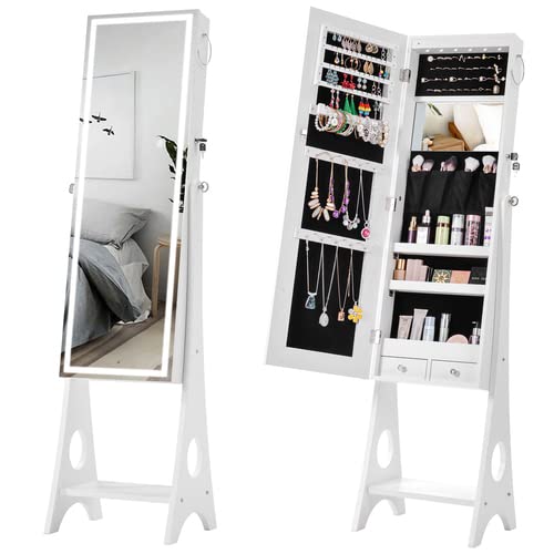 Lockable Standing Jewelry Armoire with Full-Length Mirror & 6 LED Lights - Jewelry Storage Cabinet with Mirror for Bedroom, Dressing Room & Closet Organization
