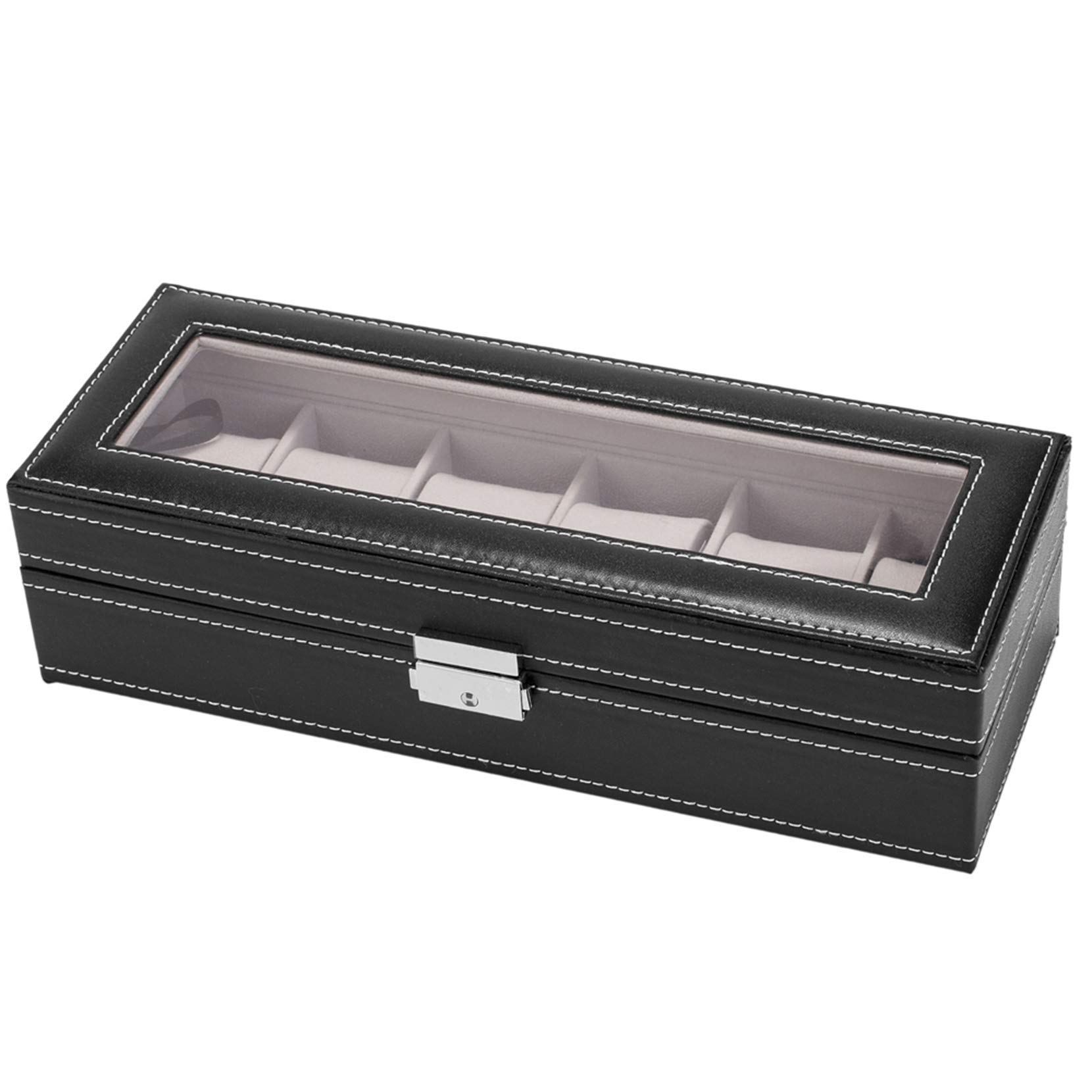 Autokola Fulllove 6 Slot Leather Watch Box - Modern Black Glass Top Watch Display Case & Jewelry Organizer - Perfect for Home, Office, Travel & Gift Storage