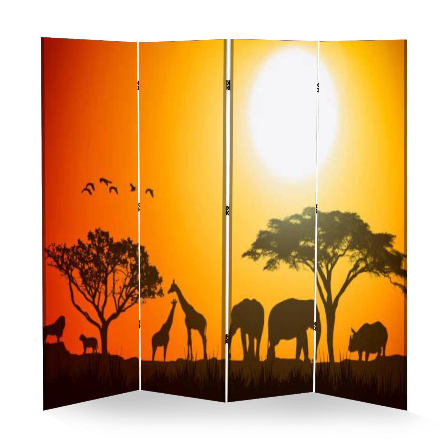African Savannah Sunset Wooden Room Divider - 4-Panel Folding Privacy Screen with Animal Silhouette Canvas (Dual-Sided) for Home Office, Bedroom Partition & Wall Decor | Indoor Display Shelves & Space Divider
