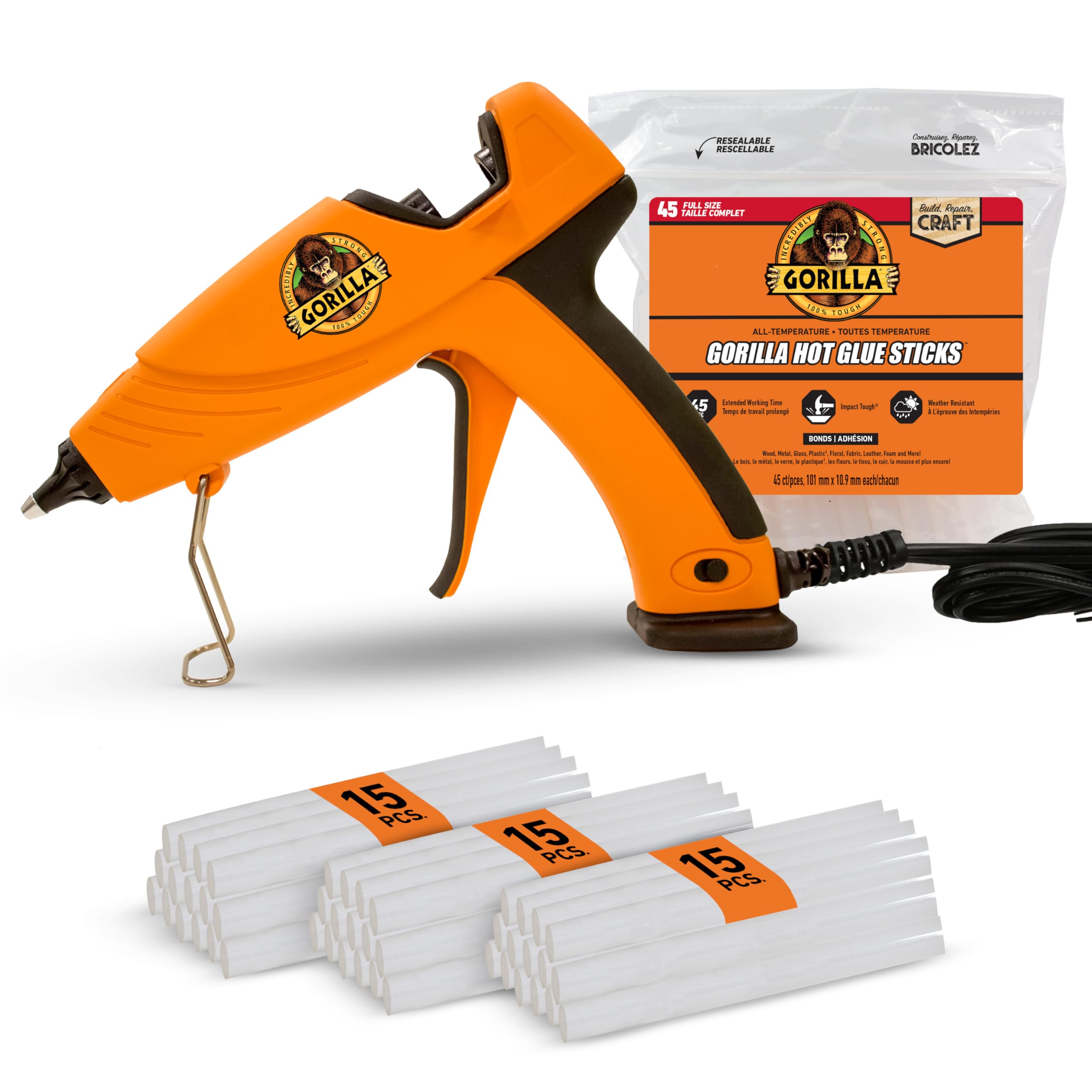 Gorilla Hot Glue Gun Kit - Full Size Dual Temperature Glue Gun with 45 Glue Sticks, Precision Nozzle & Easy Squeeze Trigger - Perfect for DIY Crafts, Home Repairs, and School Projects