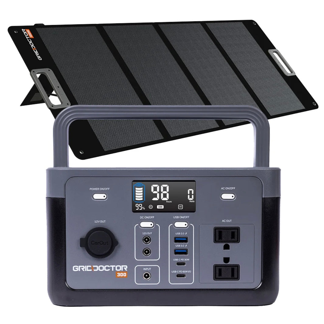 Grid Doctor 300W Portable Solar Generator System with 100W Solar Panel Kit - Emergency Power for Camping, RV Trips & Home Backup