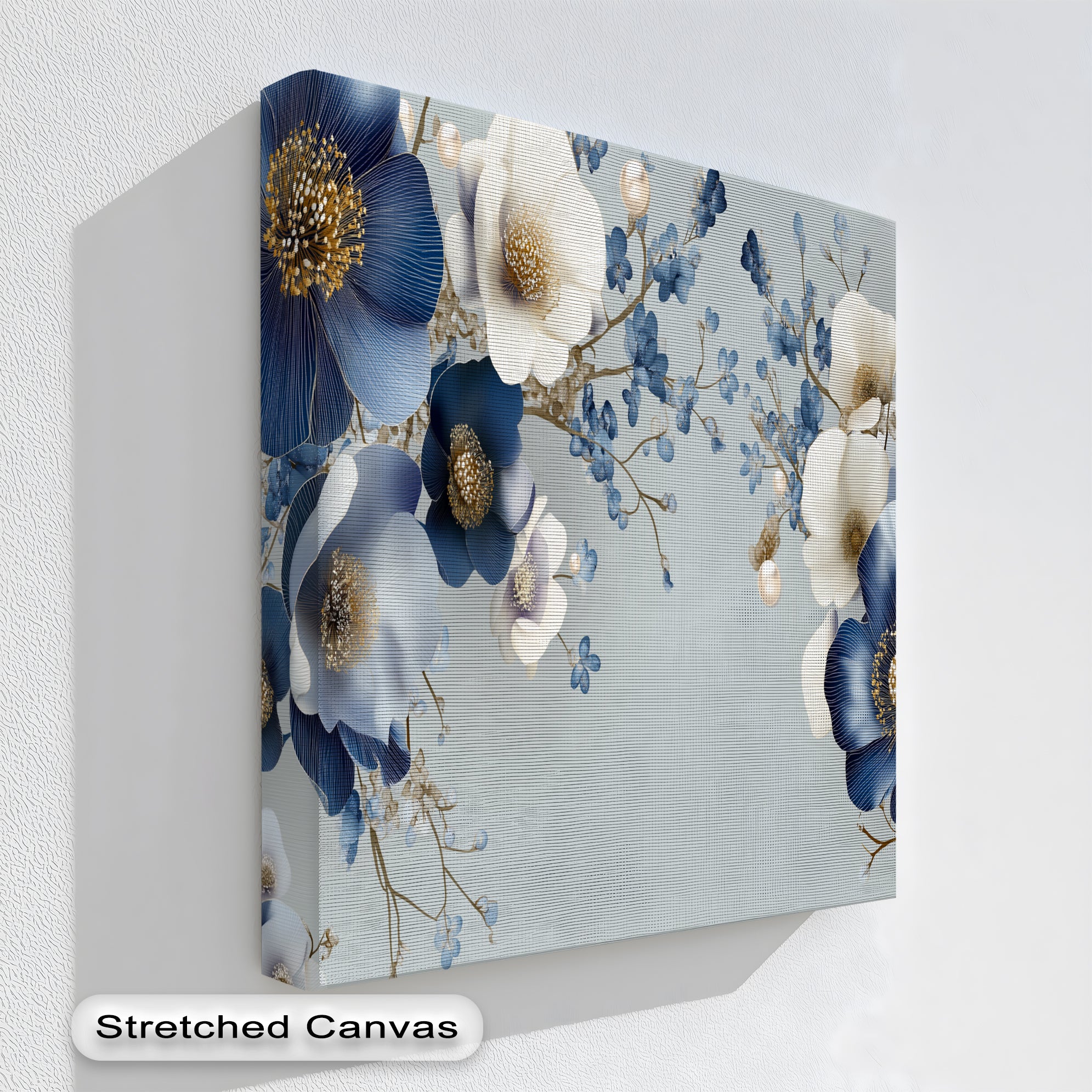 Blue and Ivory Floral Fantasy with Pearls Canvas Wall Art - Elegant Home Decor for Living Room, Bedroom & Office