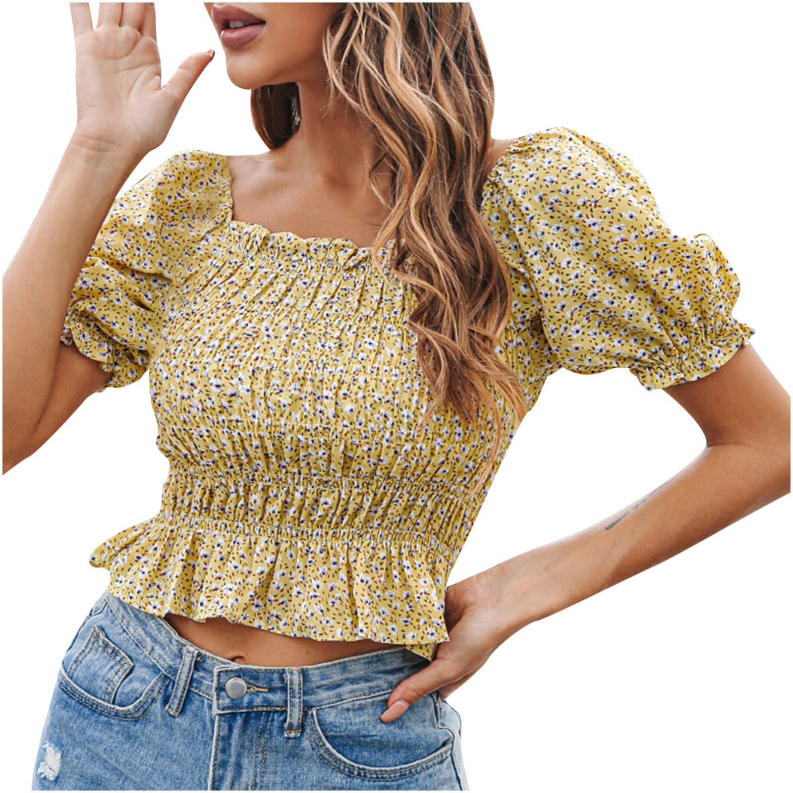TUNUSKAT Women's Cute Summer Tops - Boho Floral Smocked Wrap Blouse with Puff Sleeves & Square Neck | Chiffon Crop Top for Beach, Vacation & Casual Outfits