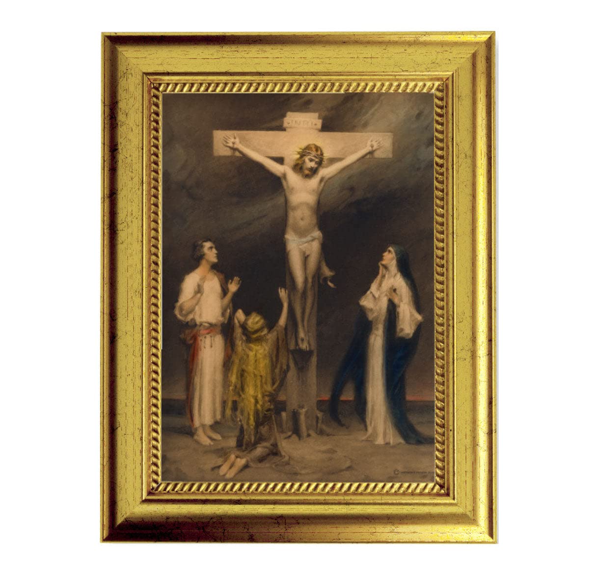 Religious Wall Art - The Crucifixion of Christ Framed Painting in Antique Gold-Leaf Finish with Rope Detailing | Perfect for Home Chapel, Church Decor & Christian Gift Giving