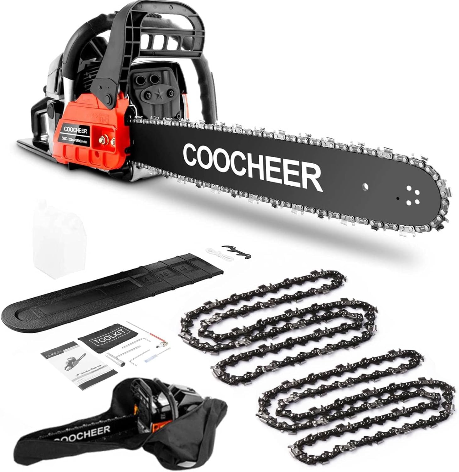 COOCHEER 62CC 2-Stroke Gas Chainsaw - 20-Inch Portable Top Handle Chainsaw with 2 Chains & Tool Kit - Powerful Gas-Powered Chainsaw for Tree Cutting, Felling, Stump Removal & Woodcutting - Ideal for Landscaping, Firewood Preparation & Yard Maintenance (Upgraded Model)
