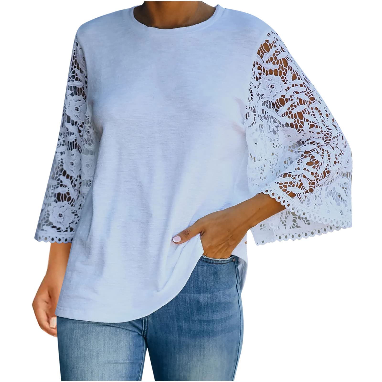 Women's Crochet Lace 3/4 Sleeve T-Shirt - Casual Crewneck Blouse with Solid Color, Loose Fit & Comfortable Tunic Top for Everyday Wear | Perfect for Office, Date Night and Weekend Outings