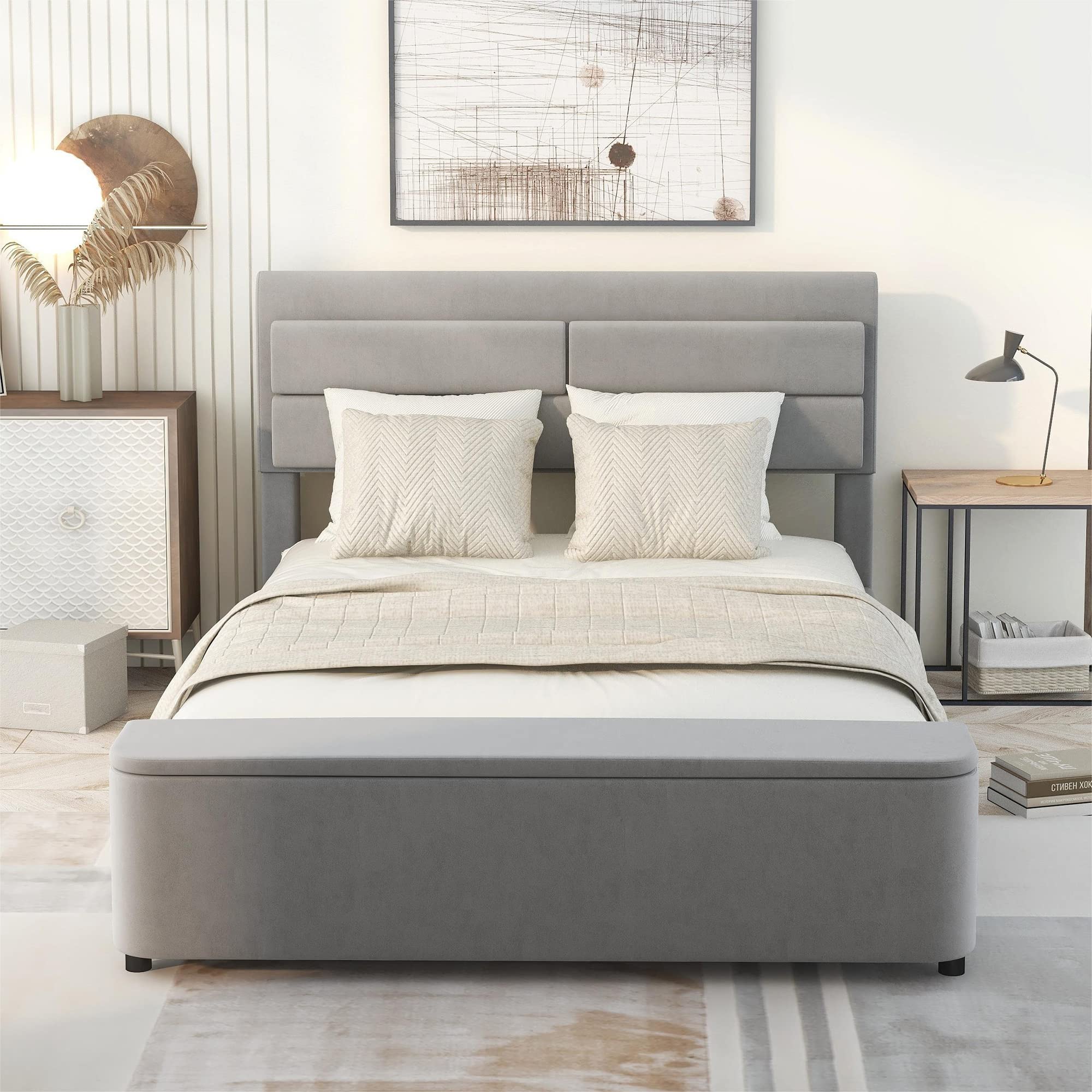 Merax Full Upholstered Platform Bed Frame with Storage Headboard & Footboard - No Box Spring Needed, Sturdy Support Legs, Gray Fabric - Perfect for Modern Bedrooms, Guest Rooms & Small Spaces