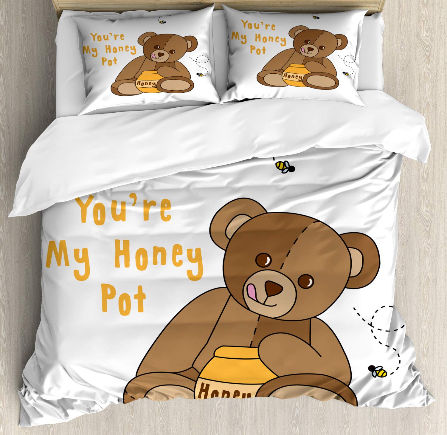 Ambesonne Honey Bee Duvet Cover Set - Queen Size 3-Piece Bedding with 2 Pillow Shams, Cute Teddy Bear & 