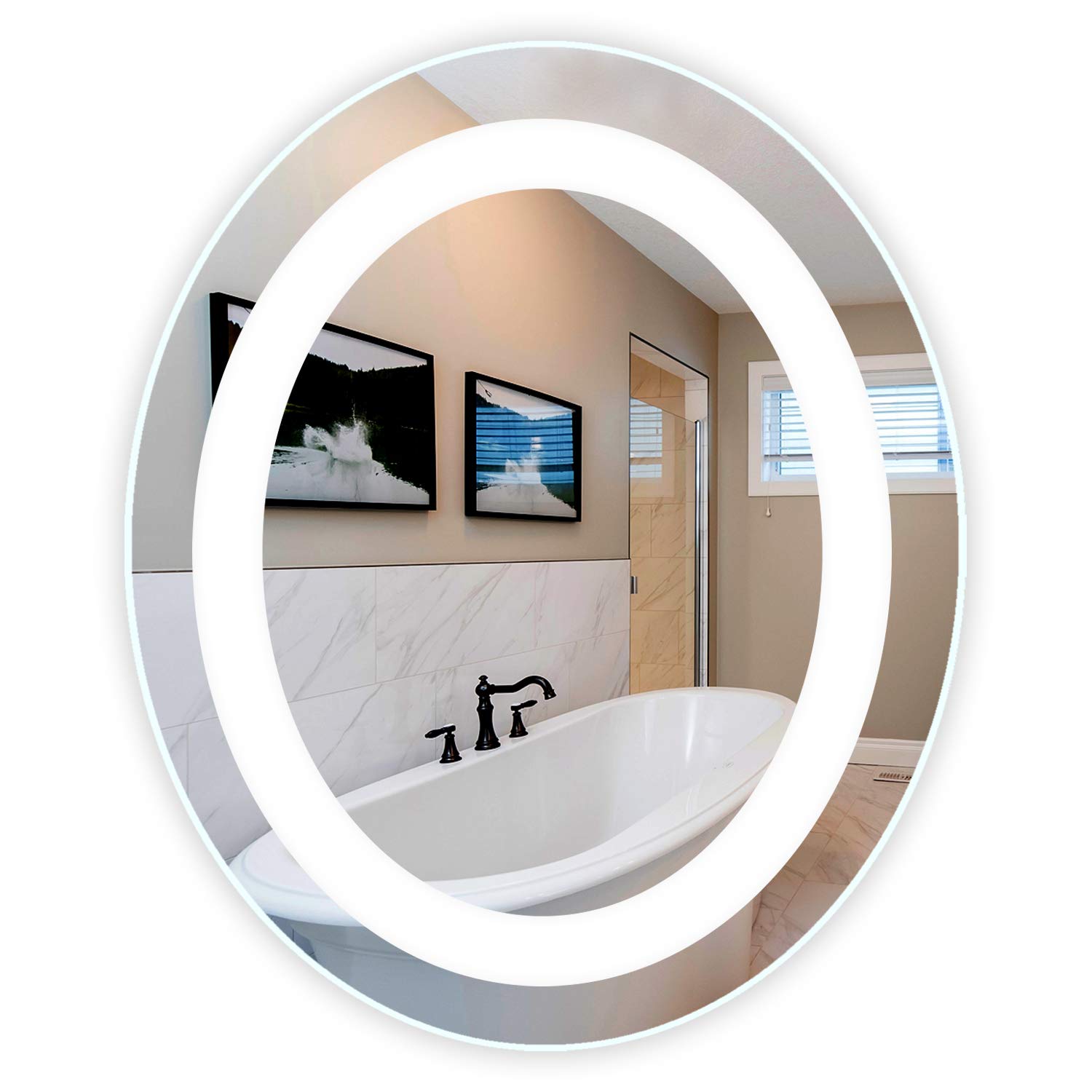 30x36 Inch Oval LED Vanity Mirror with Marble Frame - Anti-Fog Bathroom Mirror with Front Lighting for Makeup, Shaving & Grooming | Modern Wall Mounted Mirror for Bedroom, Entryway & Over Sink Decor