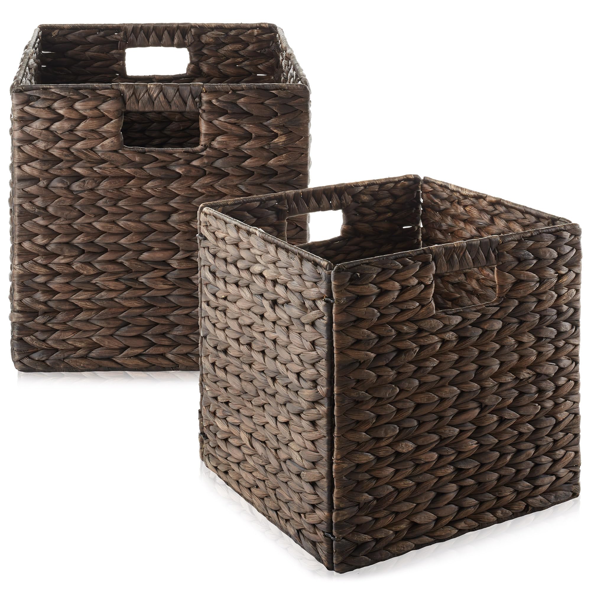 Casafield 12x12 Inch Water Hyacinth Storage Baskets Set of 2 - Collapsible Woven Cube Organizer Bins for Bathroom, Bedroom, Laundry, Pantry & Shelves | Espresso Brown Home Decor | Perfect for Closet Organization & Toy Storage