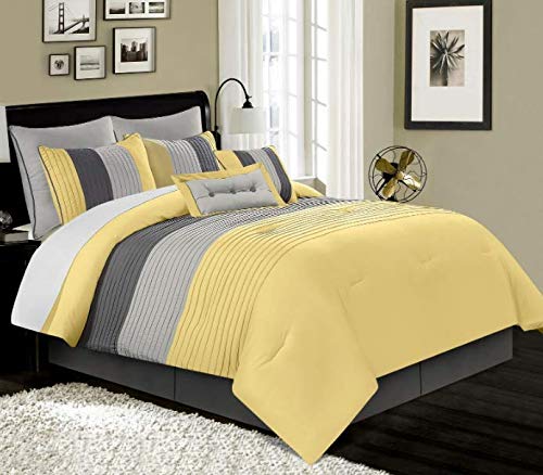 Yellow Paloma Gray Pintuck Bedding Set 8-Piece - Pleated Stripe Comforter Set with Pillowcases & Shams for Full Size Bed | Soft Luxury Bedroom Decor for Guest Rooms & Master Suites
