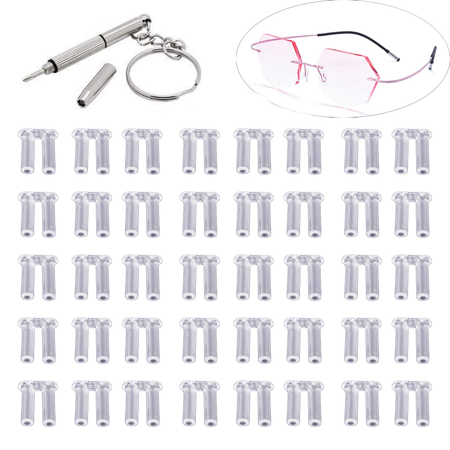 1.4mm 1.5mm 1.6mm Clear Plastic Compression Sleeves for Rimless Glasses Repair - 50 Pieces Each Size (151 Pcs Total) with Multifunctional Eyeglass Screwdriver - Perfect for Eyewear Maintenance & DIY Fixing at Home or Office