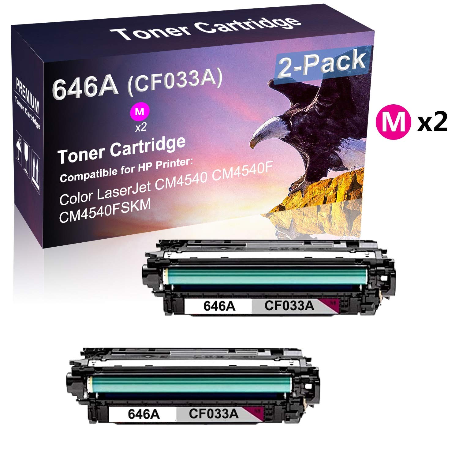 2 Pack High Yield Magenta CF033A 646A Compatible Toner Cartridge for HP LaserJet CM4540 CM4540F CM4540FSKM Printers - Perfect for Office & Home Printing Needs