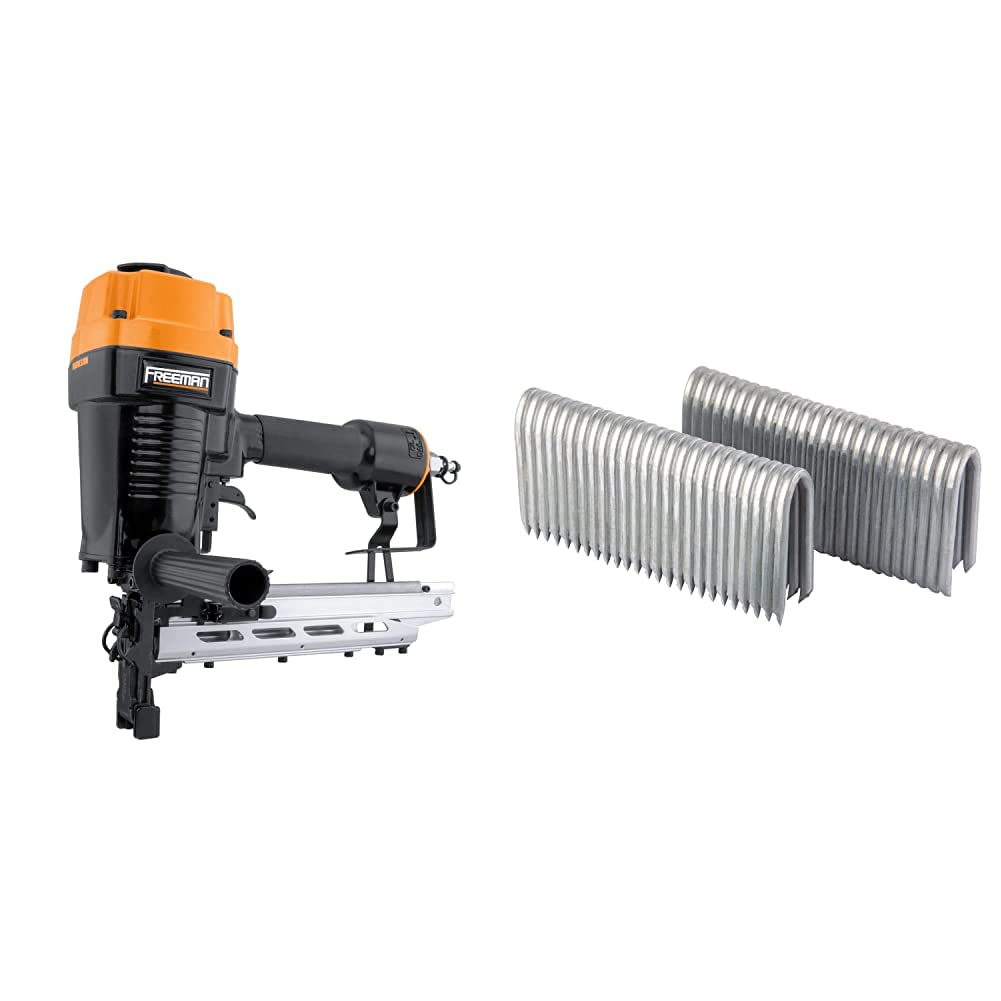 Freeman PFS9 Pneumatic Fencing Stapler with FS9G2 Fencing Staples - 1000 Count for Wood Fence Installation, Deck Building & Landscaping Projects