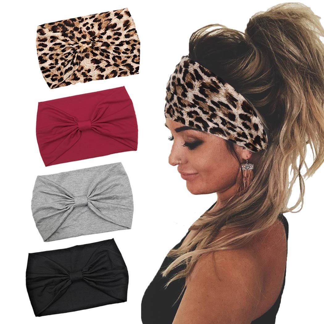 Boho Headbands for Women - 4 Pack Knotted Turban Head Wraps, Wide Cotton Hair Scarves for Yoga, Running & Workouts - Stylish Hair Accessories for Everyday Wear, Gym & Outdoor Activities
