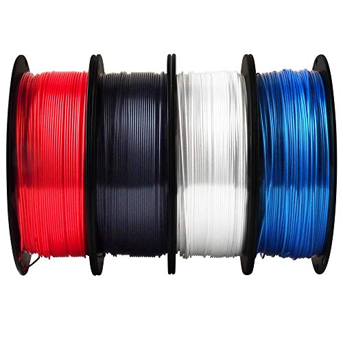 Premium 3D Printer Filament Bundle - 1.75mm Silk Shiny White Black Red Blue PLA Filament (4 Spools x 1kg) for Smooth 3D Printing - Perfect for Cosplay Props, Home Decor, DIY Projects & Educational Models