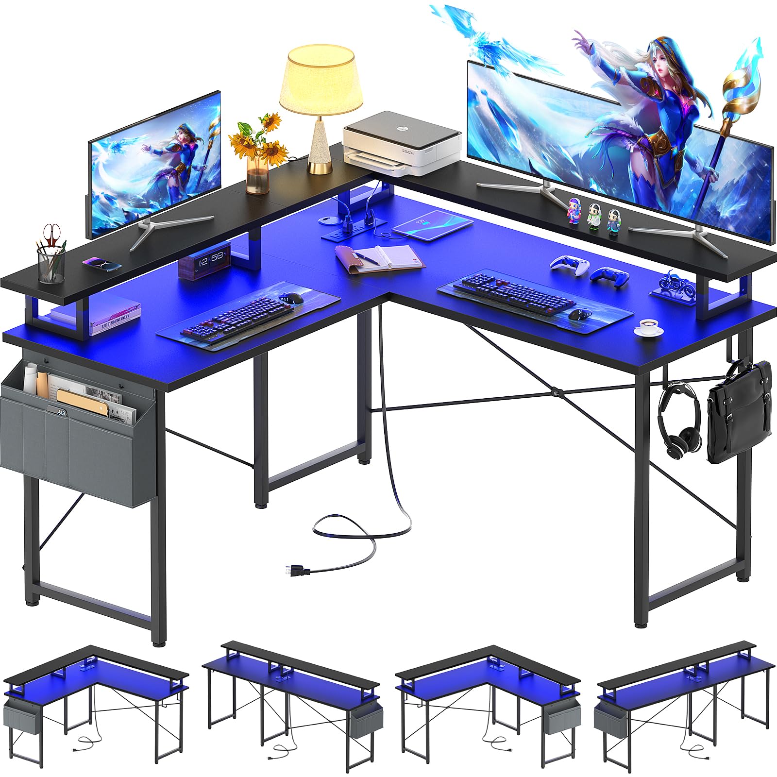 Armocity 47'' L-Shaped Gaming Computer Desk with Power Outlets & LED Lights - Corner Desk with Storage Shelves for Home Office, Bedroom, Small Spaces - Black | Perfect for Gaming Setup, Remote Work & Study