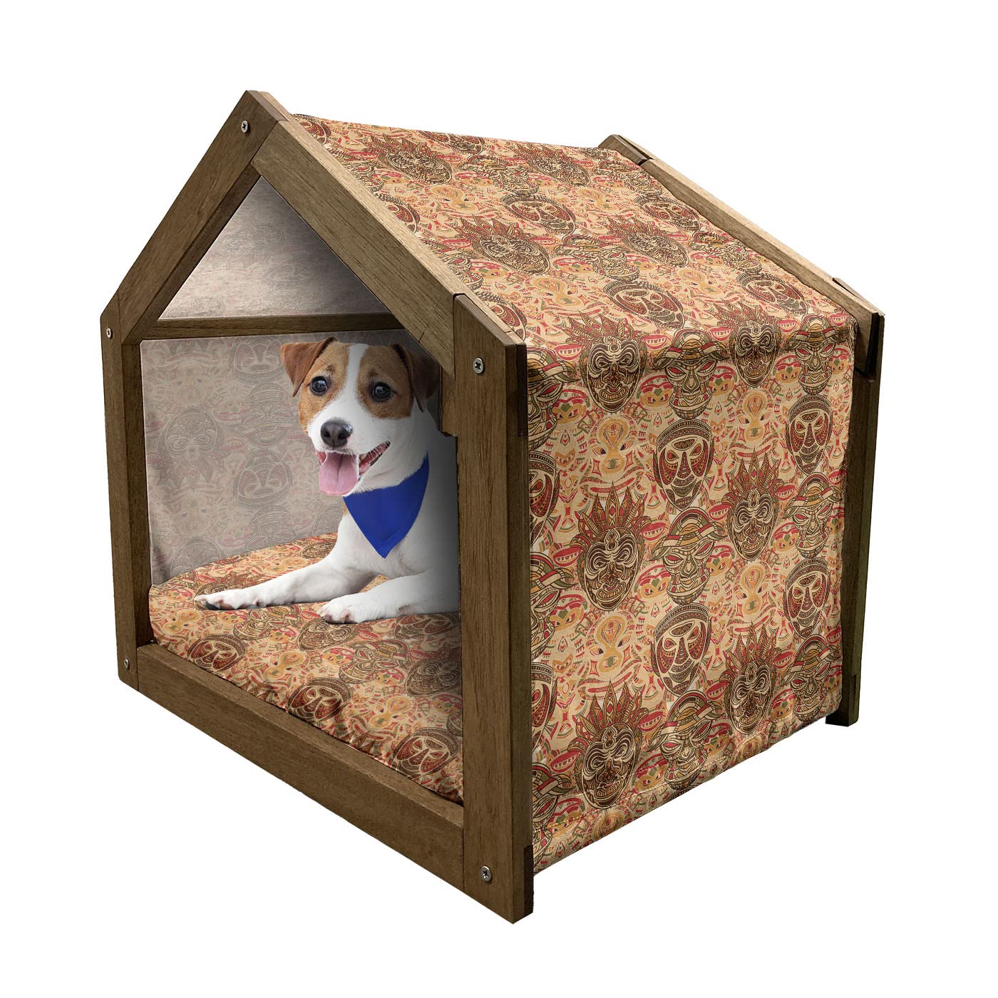 Ambesonne African Wooden Pet House - Portable Indoor & Outdoor Dog Kennel with Pattern Design, Pillow & Cover - Medium Size in Sand Brown Orange - Perfect for Home, Garden & Travel Use