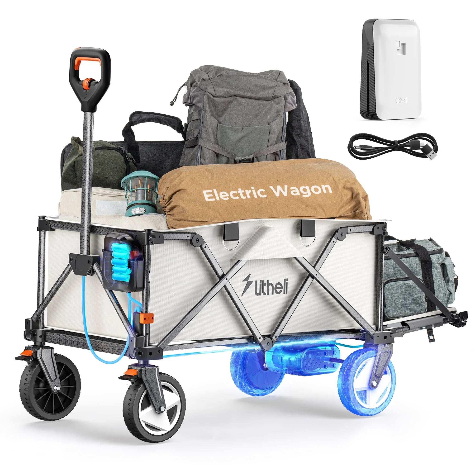 Litheli Electric Utility Wagon with 4.0Ah Battery - 200L Capacity, 8 Inch All-Terrain Wheels, Foldable Design - Perfect for Camping, Gardening, Shopping & Outdoor Activities