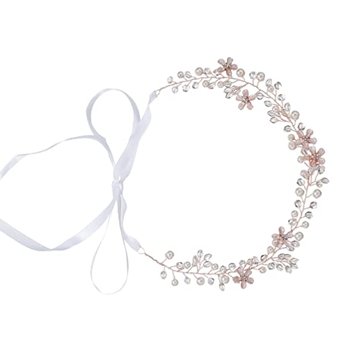 FRCOLOR Women's Pearl & Crystal Hair Vine Headband - Rose Gold Rhinestone Floral Leaf Wedding Headpiece for Brides, Prom, Parties & Special Occasions