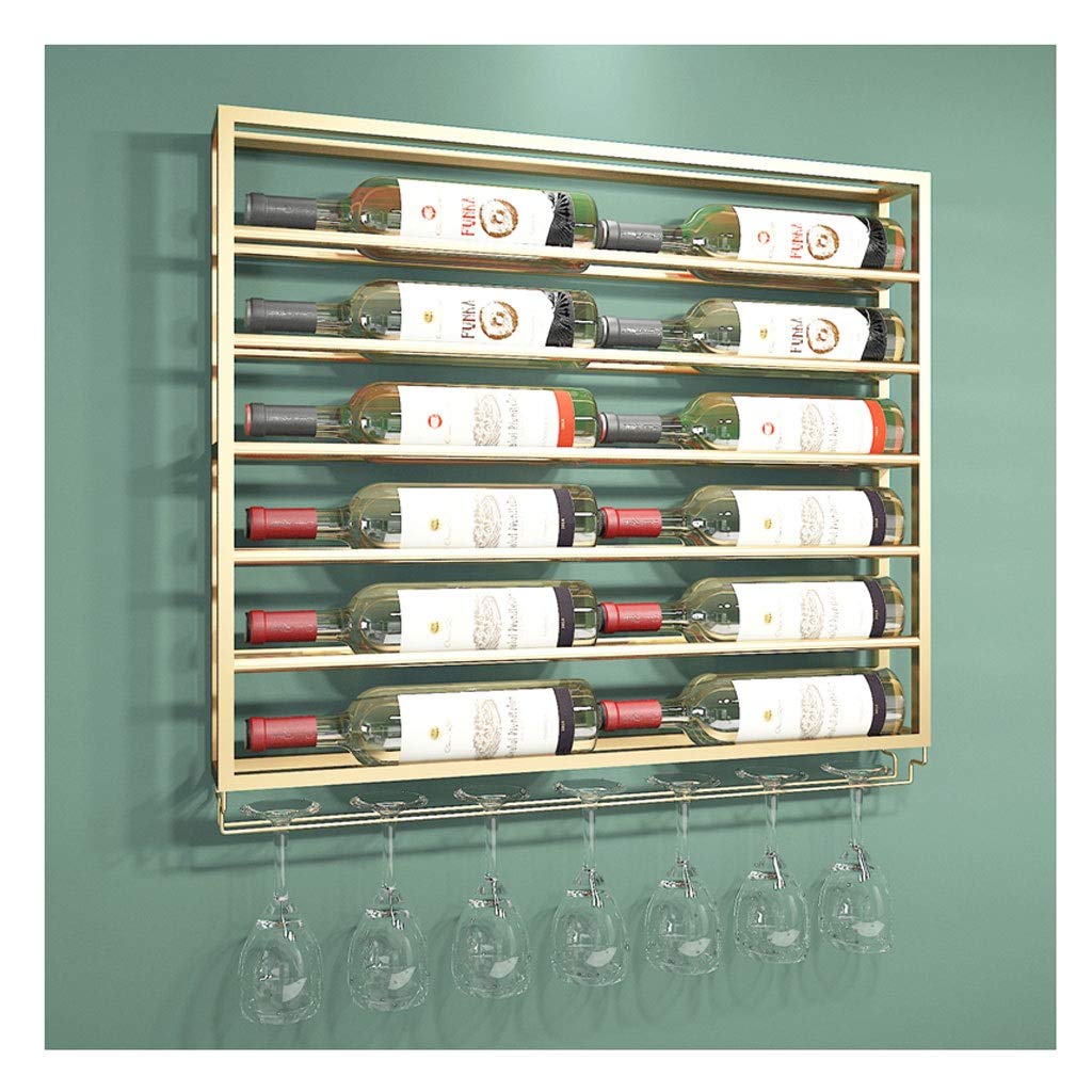 Modern Iron Wall-Mounted Wine Rack - Holds 12 Bottles & Hanging Glasses - Gold Finish - Space Saving Home Bar Decor for Kitchen, Dining Room & Wine Cellar Organization