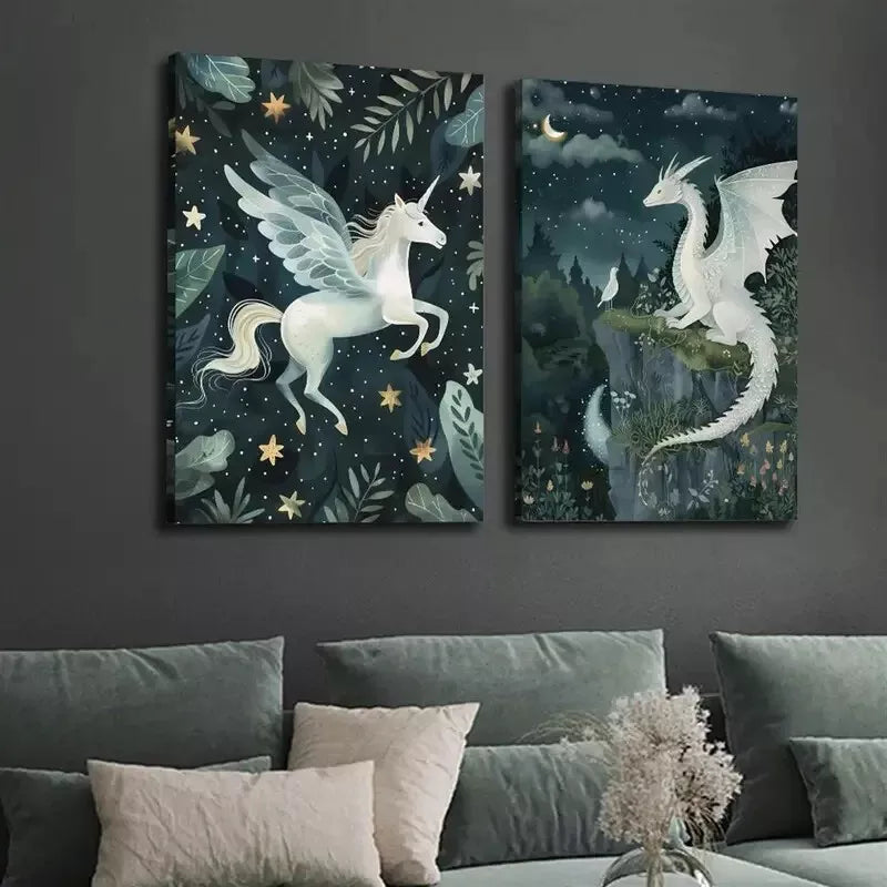 2-Piece Fantasy Canvas Wall Art Set - Unicorn, Dragon & Magic Forest Prints (50x75cm) | High-Quality Australian-Made Framed Canvas | Ready to Hang | Perfect for Kids' Room, Nursery & Fantasy Themed Decor