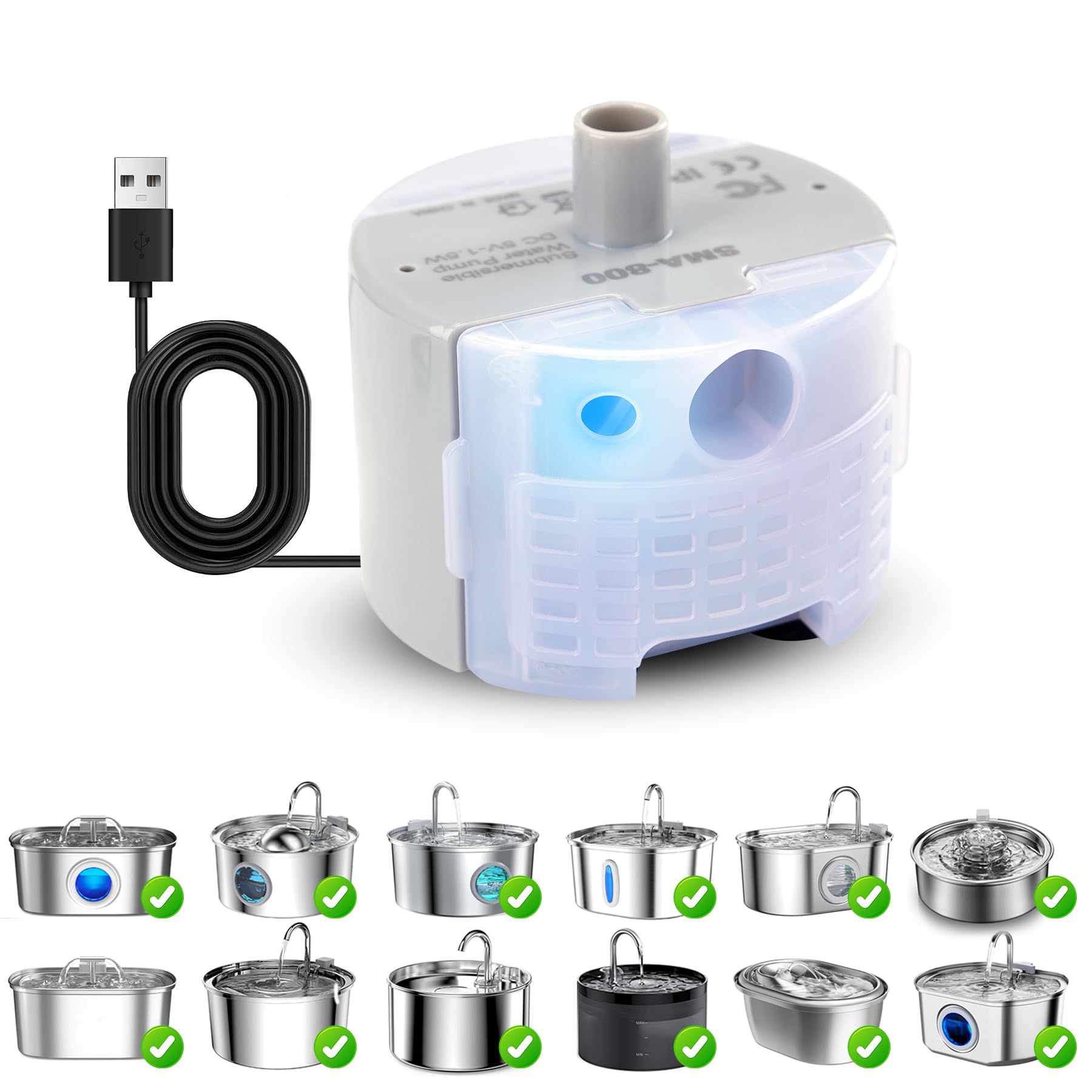 SMA-800 Submersible Cat Water Fountain Pump Replacement - Quiet Bottom Pumping Motor for Stainless Steel Pet Water Dispenser | Perfect for Multi-Cat Homes & Automatic Pet Waterers