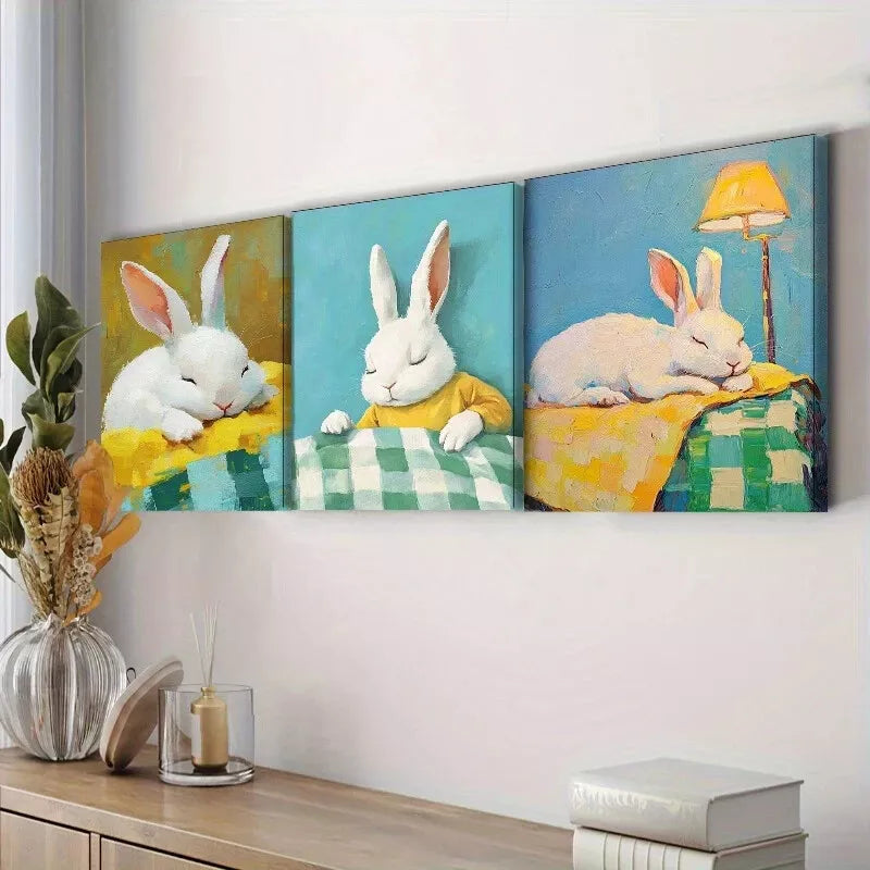 3-Piece Rabbit Table Wall Art Set - Framed Canvas 40x60cm - High Quality Print - 100% Australian Made - Ready to Hang - Perfect for Living Room, Bedroom & Office Decor