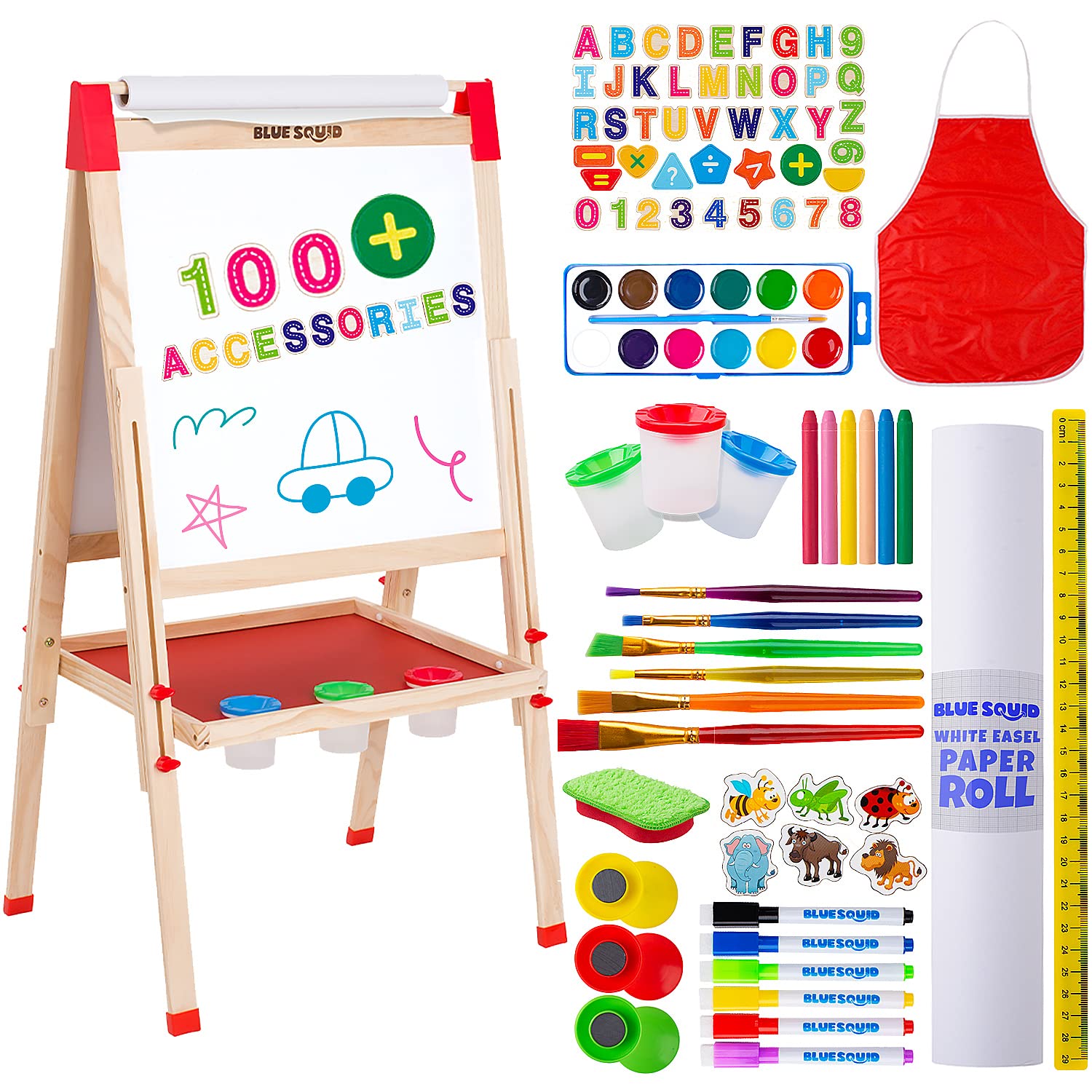 Blue Squid Wooden Art Easel for Kids - Double Sided Magnetic Chalkboard & Dry Erase Whiteboard with 100+ Accessories, Paper Roll & Paint Set for Toddlers Ages 2-12 | Perfect for Home, Classroom & Creative Play