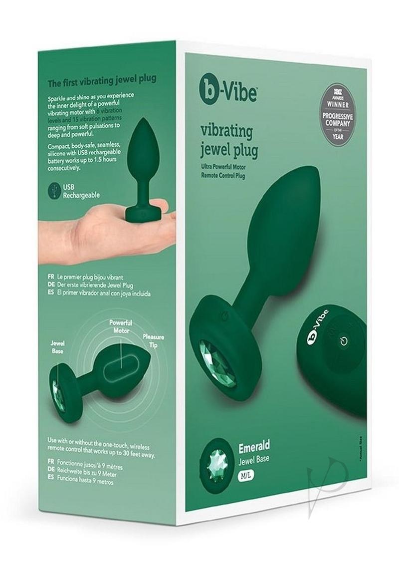 B Vibe Rechargeable Vibrating Jewel Plug with Remote Control - Silicone Anal Plug for Men & Women - Medium/Large Size - Emerald Green - Perfect for Couples Play & Solo Pleasure